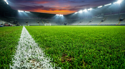 Close up view of green grass and white line on a professional soccer football pitch with illuminated stadium field, background for sport