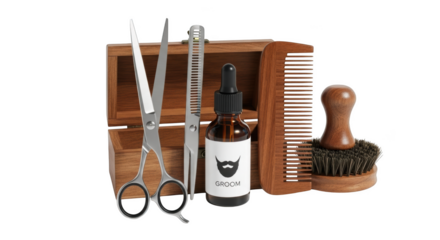 Wooden grooming kit with scissors comb oil bottle and brush beard grooming kit beard care