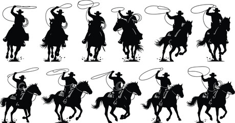 Cowboy rodeo silhouettes collection featuring horseback riders swinging lasso ropes, perfect for western culture, ranch lifestyle, rodeo and cowboy themes