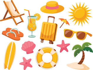 Summer beach vacation icons set colorful travel seaside elements isolated vector illustration flat design collection