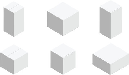 Isometric white cube box mockup collection minimal 3D geometric packaging shapes isolated vector design elements