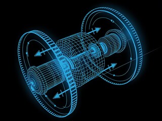 Wireframe blueprint illustration of a futuristic mechanical device or engine part on a black background