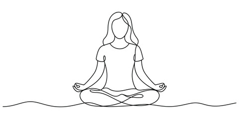Woman meditating in lotus position, continuous line drawing
