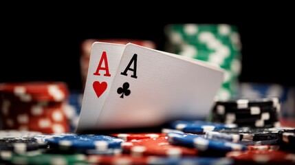 Close-up of two aces with heart and spade symbols held against a backdrop of colorful casino chips