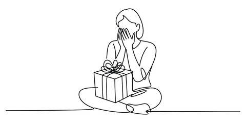 Woman covering face surprised by gift box, continuous line drawing