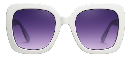 Oversized white frame sunglasses with gradient purple lenses.