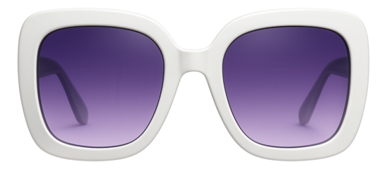 Oversized white frame sunglasses with gradient purple lenses.