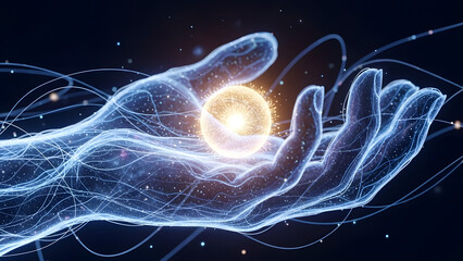Conceptual image depicting artificial intelligence (AI) or haptic feedback technology. A digital, cybernetic hand interacts with a glowing energy sphere and data waveforms. Ideal for tech themes.