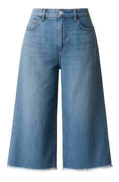 Lightweight denim culottes featuring frayed hems and a mid-rise fit.