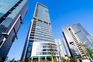 City center with glass skyscrapers, blue sky Tel Aviv, Israel.