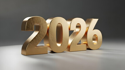 Golden metallic number 2026 on a subtle grey background. Ideal for New Year's celebrations, future dates, anniversaries, and luxury-themed designs. Elegant 3D typography graphic.