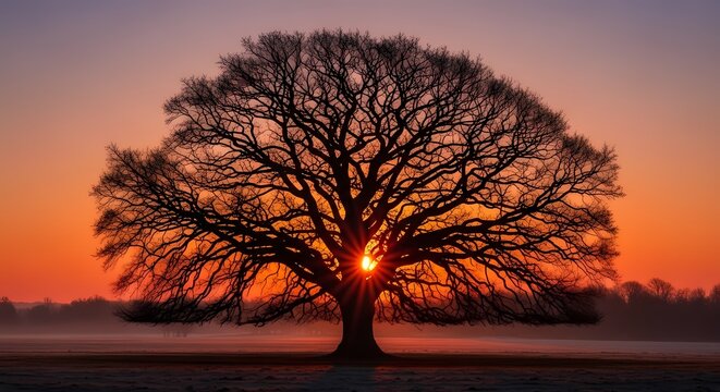 Majestic silhouette of a bare tree against a fiery sunset sky - Powered by Adobe