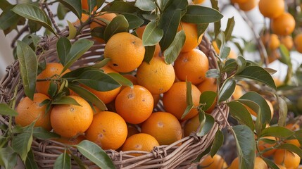 Fresh Ripe Oranges in Wicker Basket with Green Leaves - Organic Citrus Fruit Harvest