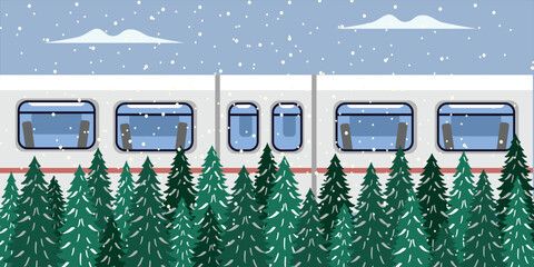 Winter Train Journey Through Snowy Forest. Serene Train Ride Among Snowy Trees. Public transportation.