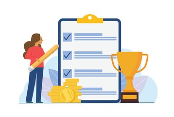 Successful completion of business tasks. Target award for best results in business. Trophy with handles, cup for successful completion of tasks and achieving success.