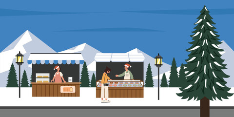 Christmas Market in Snowy Mountain Landscape. Countryside food market. Street market. New year food festive.