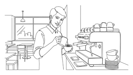 High-quality black continuous line art of a young adult working at a café as a barista, coffee shop service, modern hospitality, minimalistic illustration