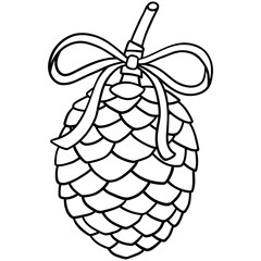 glossy pine cone or conifer cone with cute bow for winter christmas line outline doodle hand-drawn