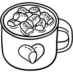 hot cocoa and heart marshmallow in enamel cup for wintertime of couple line outline doodle hand-drawn