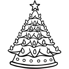 throwback ceramic christmas tree decorate with colorful light and star line outline doodle hand-drawn
