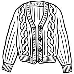 unbuttoned cardigan in pink cable knit pattern for winter season garment line outline doodle hand-drawn