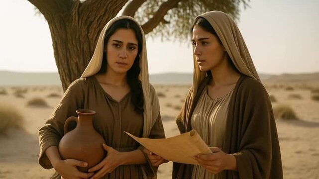 Two biblical women reading a scroll in the desert. Ancient figures discussing a historical manuscript. A scene depicting a story from the bible or ancient history