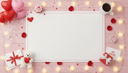 Valentine's day celebration romantic table setup festive environment cozy home aerial view love and affection theme with hearts and gifts