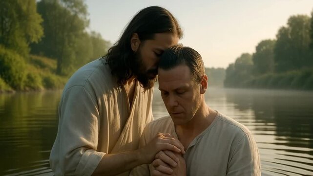 A depiction of Jesus Christ performing a baptism in a river. A man receives a blessing during a religious Christian ceremony. Biblical reenactment of faith and salvation