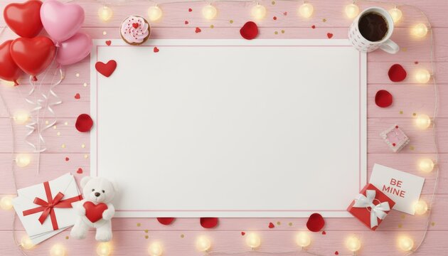 Valentine's day celebration romantic table setup festive environment cozy home aerial view love and affection theme with hearts and gifts