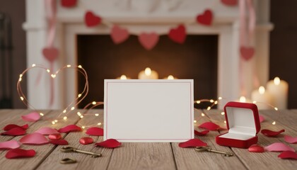 Romantic proposal setup with red roses and candles cozy living room decorative event intimate setting close-up view love and commitment theme