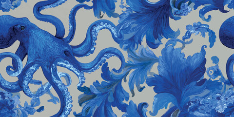 Blue vintage octopus and baroque floral leaf seamless pattern for luxury textiles, ocean themed wallpapers, and sophisticated branding © Eli Berr