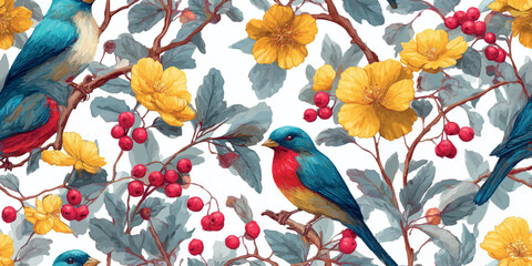 Detailed songbird with yellow blossom and red berry seamless pattern for botanical textiles, vintage wallpapers, and rustic home decor © Eli Berr