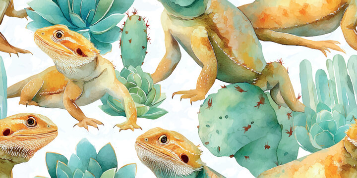 Exotic watercolor bearded dragon and succulent seamless pattern for reptile enthusiast branding, nature-inspired textiles, fabrics, and botanical home decor