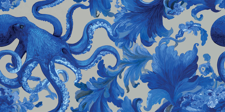 Blue vintage octopus and baroque floral leaf seamless pattern for luxury textiles, ocean themed wallpapers, and sophisticated branding