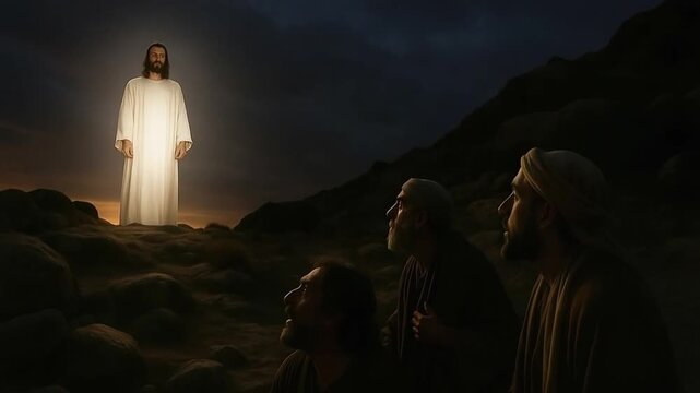 Jesus Christ glowing with divine light on a mountain. Three disciples look up in awe at the transfiguration. A biblical reenactment of a New Testament story