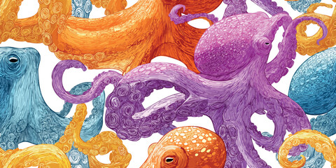 Colorful octopus and marine cephalopod seamless pattern for playful textiles, children's wallpapers, and creative ocean branding. © Eli Berr