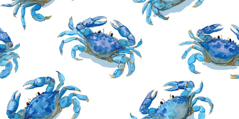 Vibrant watercolor blue crab seamless pattern for tropical beachwear, summer textiles, nautical home decor, wrapping paper, and ocean-themed packaging or branding © Eli Berr