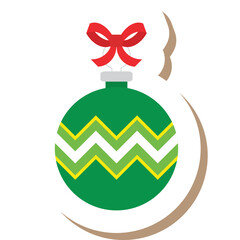Obraz premium A festive green Christmas ornament illustration with zigzag patterns, a red ribbon bow on top, and a simple flat design, created in a cute, colorful, and modern holiday icon style.