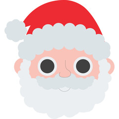 A cute cartoon Santa Claus face illustration with a red hat, fluffy white beard, round wide-open eyes, and a friendly expression, designed in a simple, colorful, and festive holiday emoticon style.