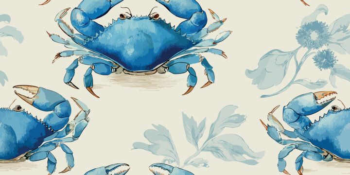 Elegant vintage blue crab seamless pattern with botanical sea elements for luxury beach house decor, coastal textiles, summer fashion, stationery, and seafood branding