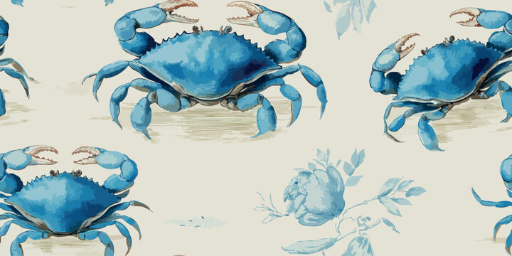 Elegant vintage blue crab seamless pattern with botanical sea elements for luxury beach house decor, coastal textiles, summer fashion, stationery, and seafood branding