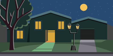 Quiet Evening at a Suburban Home. House landscape. Night house. Residential building. Neighborhood. House garage.