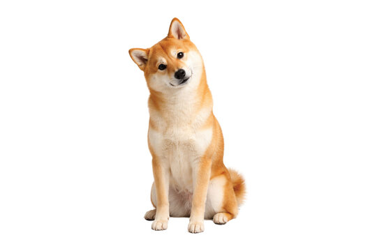 Shiba Inu dog sitting calmly in a full body view, isolated on a clean white background. Adorable Japanese breed with alert ears, curled tail, and warm tan and cream fur, captured in professional