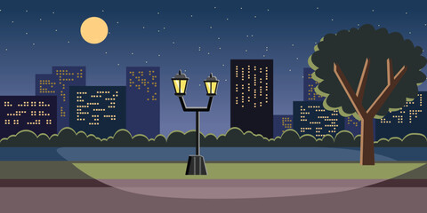 Night in the City Park with Streetlight and Moon. Urban park with river and city light. Public facility. Cityscape park.
