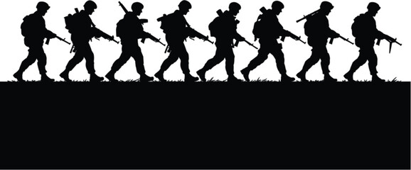 Black and white silhouette soldiers marching in a row