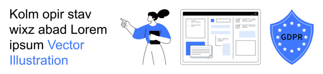 Online privacy, data protection, GDPR compliance, security, information management, digital laws. A person pointing to a screen and GDPR shield icon. Online privacy and data protection visual concept