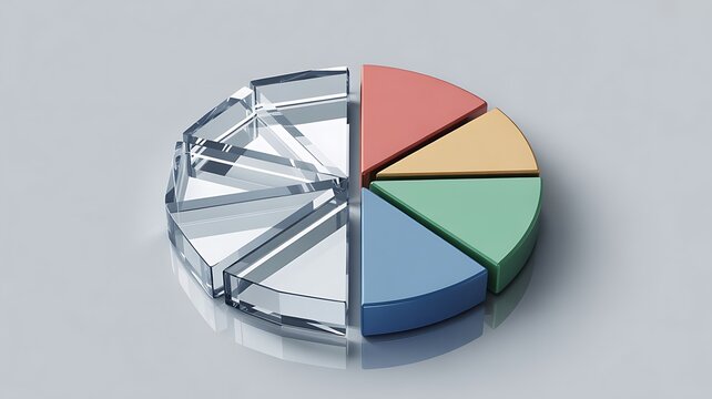 A detailed look at a pie chart where half of the sections are clear glass and half are colorful
