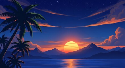 Vibrant sunset over tranquil ocean with silhouette of palm trees and mountains