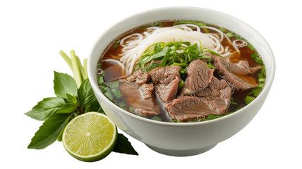 Authentic Vietnamese beef pho served in ceramic bowl, fresh basil and lime garnish, clean white background, premium commercial food photography, sharp focus, ultra high resolution.