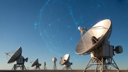 Satellite dishes array connecting to a global network system under a clear blue sky